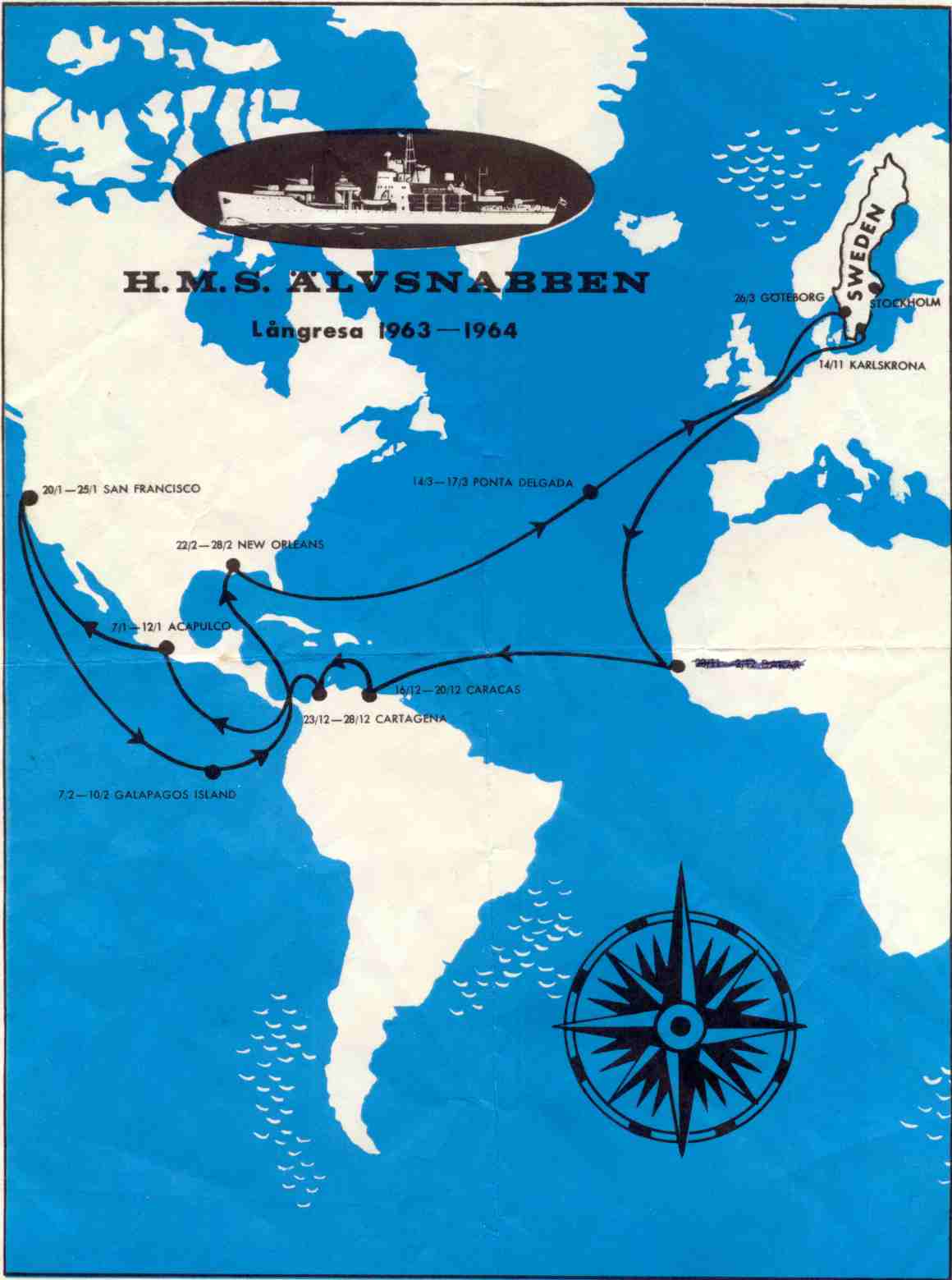 Karta över långresan 1963-64 från Göran Lindqvist. Klicka på den för att förstora!