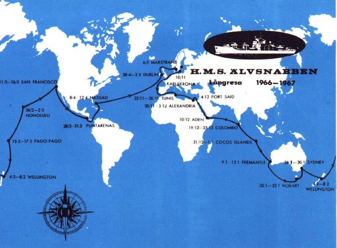 Karta över världsomseglingen 1966-67. Klicka på bilden för att förstora!
