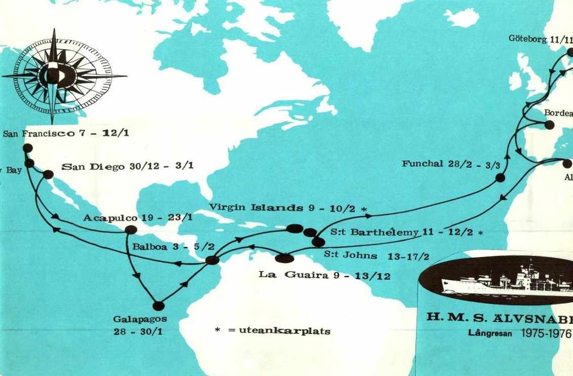 Karta över långresan 1975-76. Klicka på bilden för att förstora