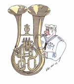 Älvsnobben har många strängar på sin lyra när han inte är på den. Här trakterar Han sitt favoritinstrument, en Tubicon. Namnet är bildat av tuba och helicon, som är en tuba, som bärs över axeln. Som alla förstår, går det inte att spela på, liksom korpeten längre ner till vänster på sidan. Instrumenten är hämtade ut en känd engelsk musikinstrumentfirmas katalog från slutet av 1800-talet och var menade som aprilskämt! Men det struntar Snobben i, för han får ju ändå vara med i musikkåren.