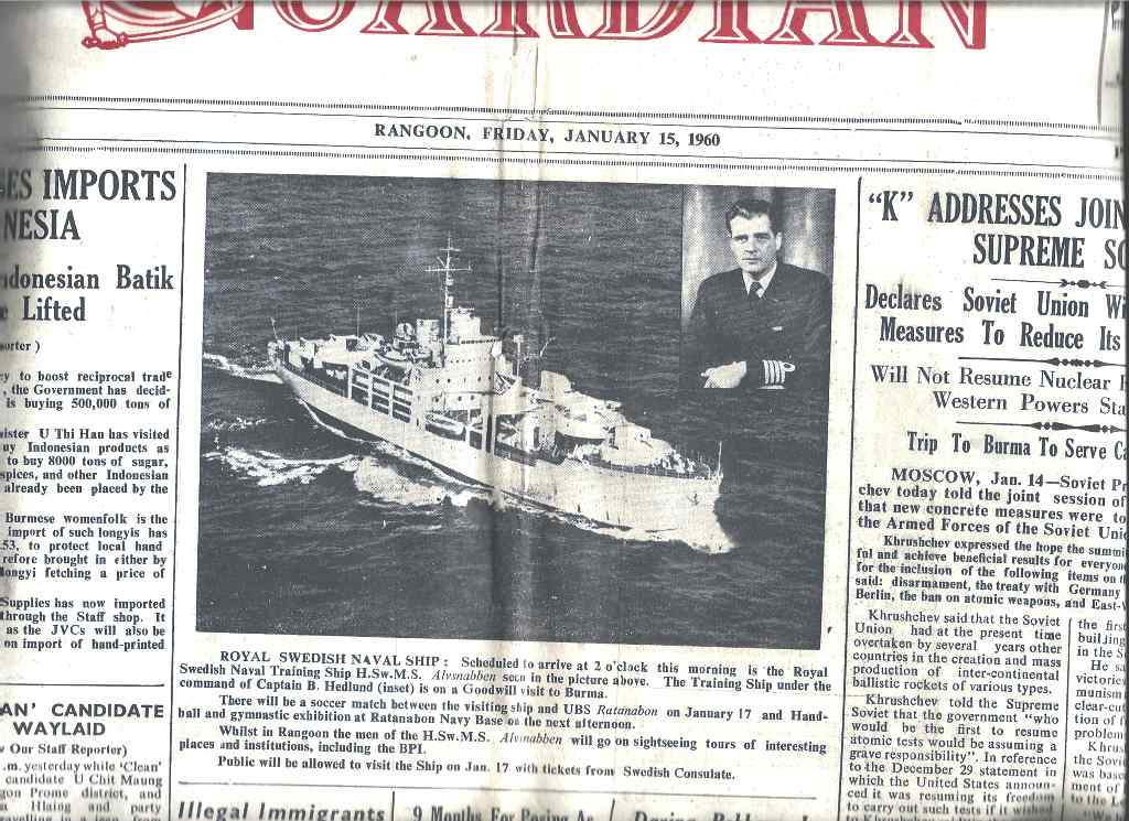 Om Älvsnabbens ankomst i Rangoontidningen "The Guardian" fredagen 15 januari 1960. Klicka för att förstora!